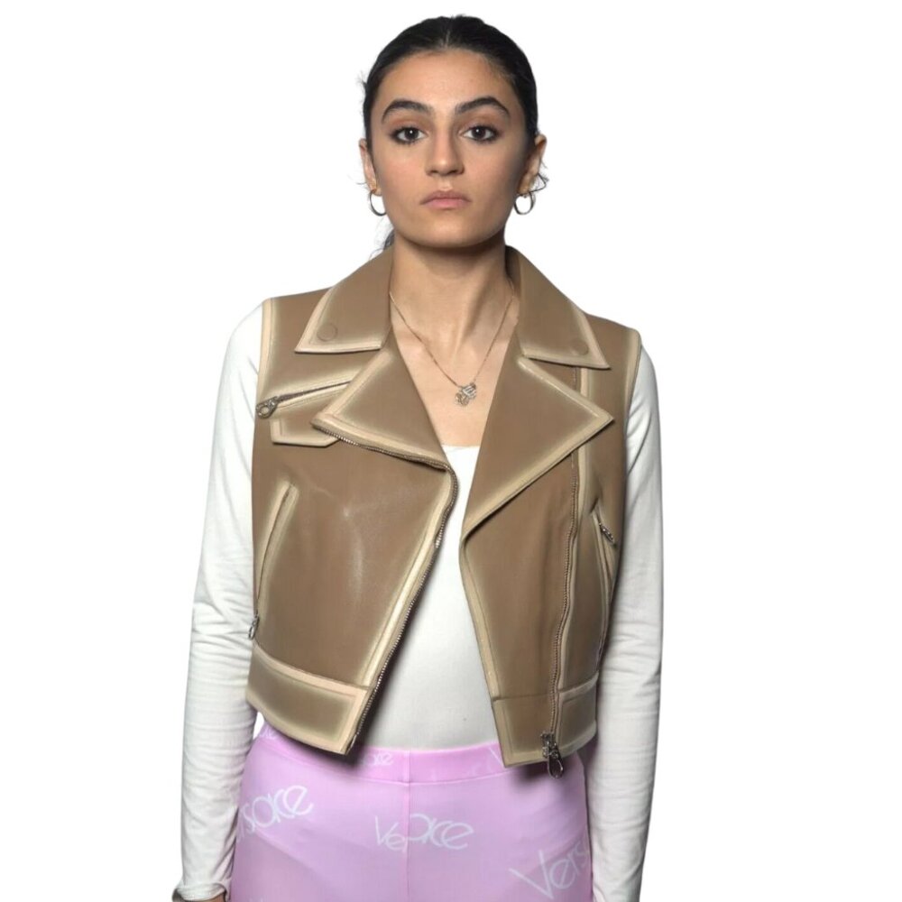 NWT Womens Versace Lamb Leather Moto Vest Camel Rosa Size 42 FW 2016